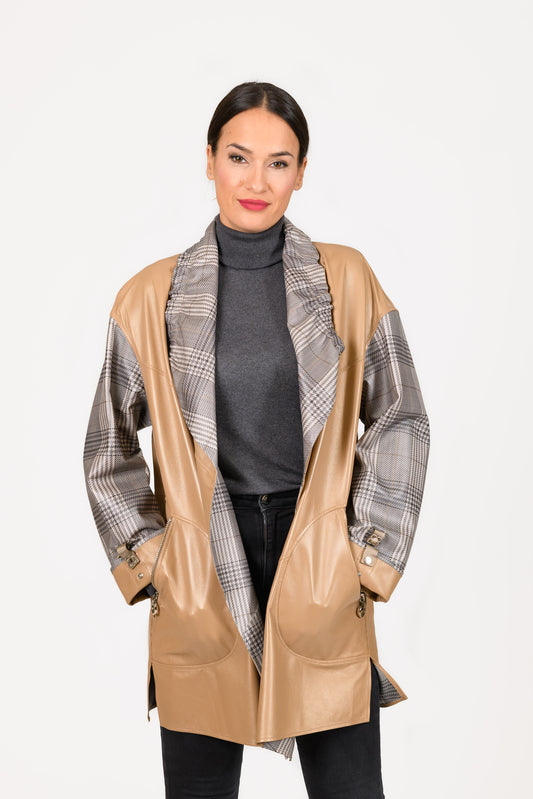 8648- Beige Leather Long Jacket with no lining