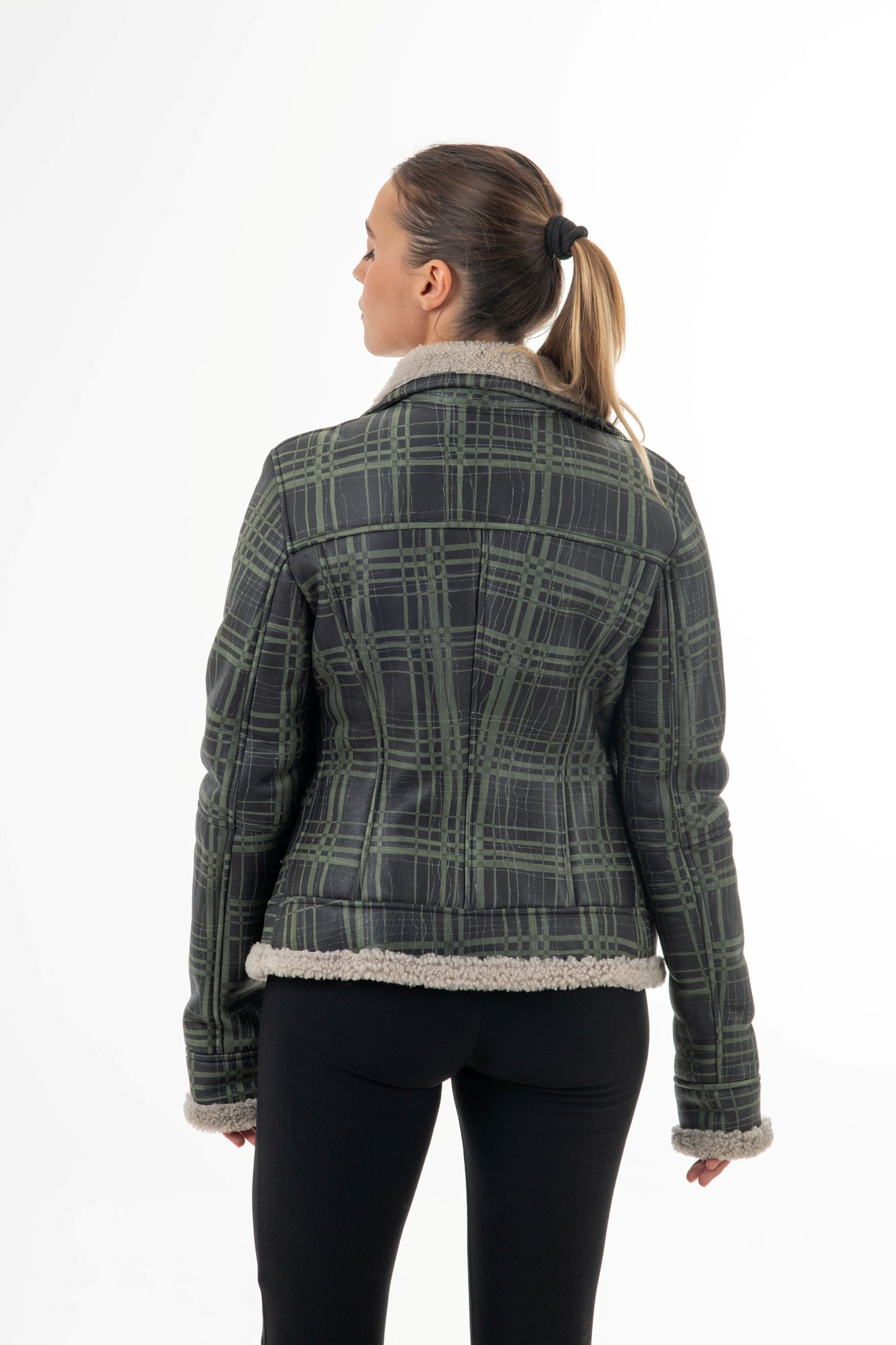 9034 - Women's Green Sheepskin Biker Jacket