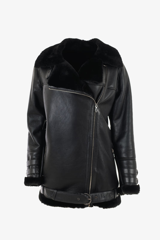 Women's Black Biker Sheepskin Jacket
