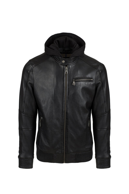 JEANLUKE - Men's Black Bomber Jacket with removable hood