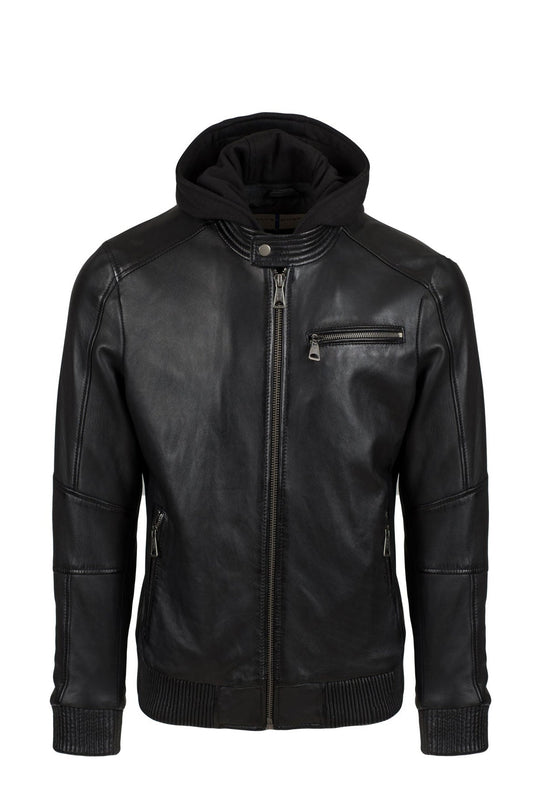 JEANLUKE - Men's Black Bomber Jacket with removable hood