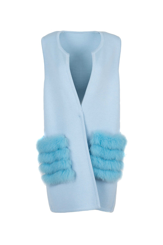 Ligth Blue Knitting Vest with Fur Pockets