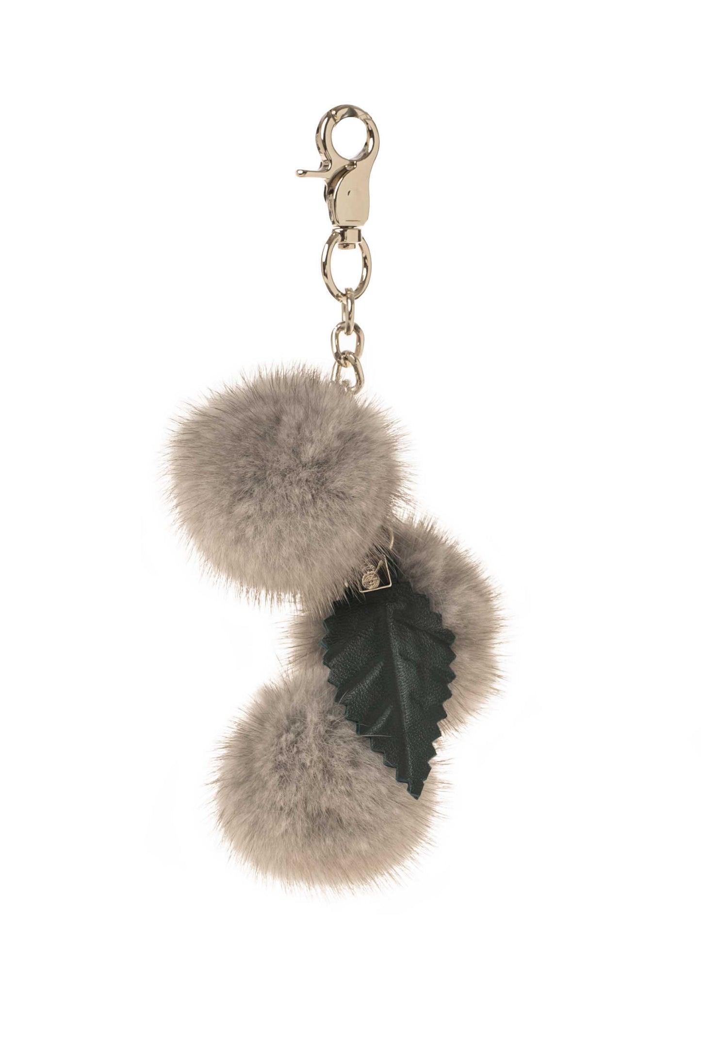 Mink pompom Bag Charm with Chain and Real leather Leaf.