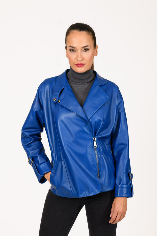 ALISON - Women's blue leather biker jacket.