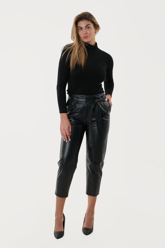 Handmade women’s high-waisted cropped leather trousers, Greek nappa lamb leather, regular fit, leather belt, front view