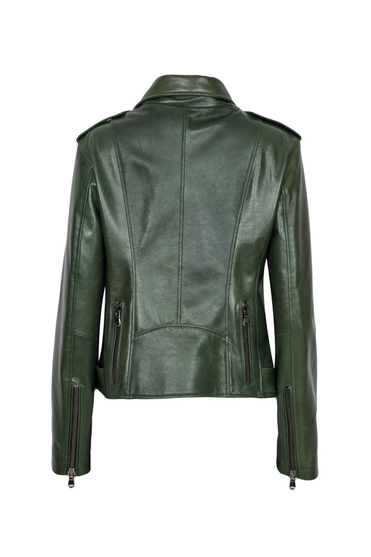 ANTIG - Γυναικείο Πράσινο Biker Δερμάτινο Κεριού Μπουφάν .