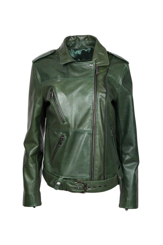 ANTIG - Γυναικείο Πράσινο Biker Δερμάτινο Κεριού Μπουφάν .