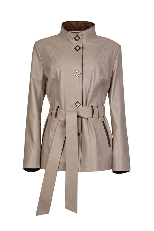 Women's Beige Leather Jacket with Belt