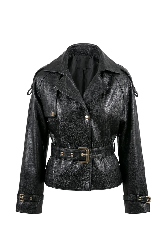 BONNIE - Women's Black Leather Jacket with Belt