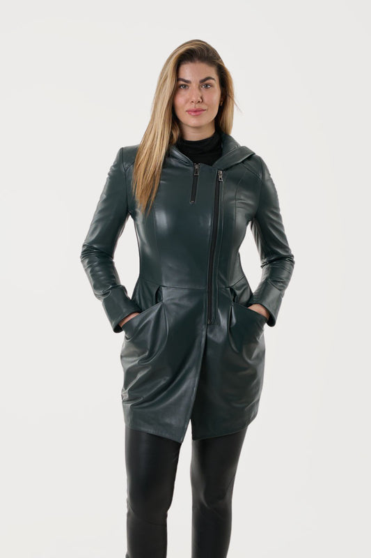 CALIFA- Women's Green Leather Parka