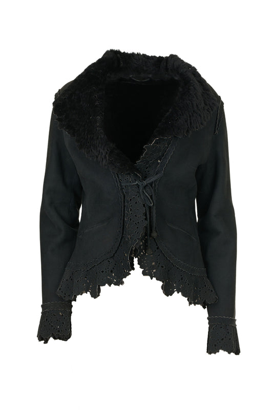 Women's Black Sheepskin Jacket with Lazer Cut Pattern