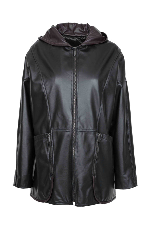 DELIA- Oversized Hooded Leather Parka