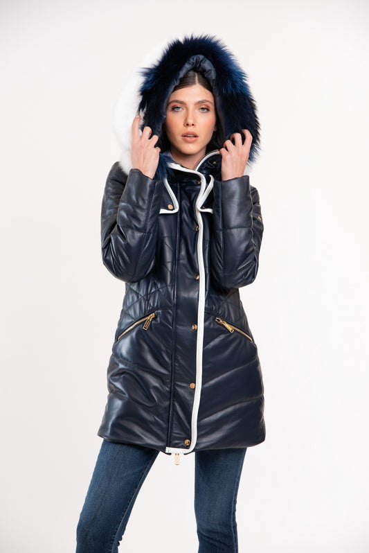 FENICE -Γυναικείο Μπλε Puffer Δερμάτινο Μακρύ Τζάκετ Μade in Italy