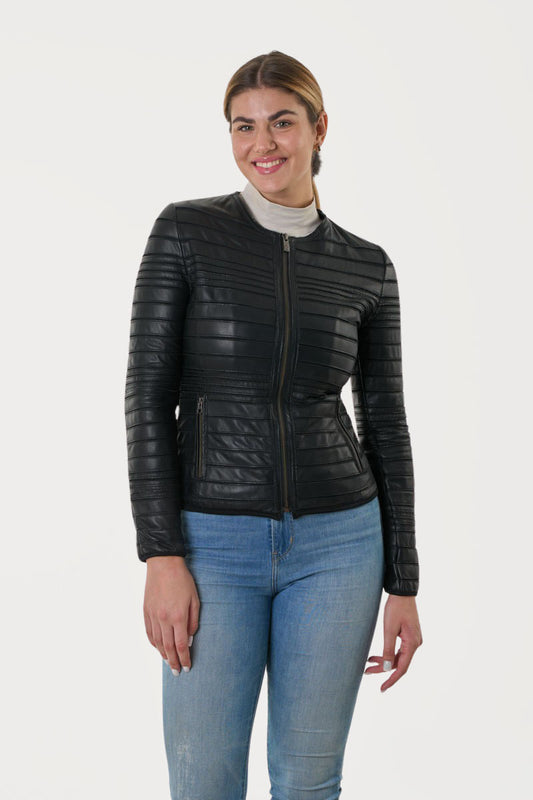 GUY LAROCHE - Women's Leather Jacket with Round Collar