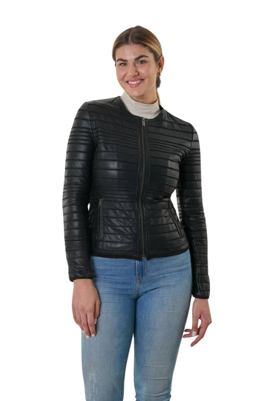 GUY LAROCHE - Women's Leather Jacket with Round Collar
