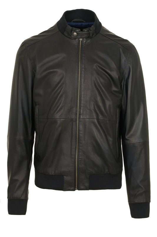 Men’s black leather bomber jacket, regular fit, lightweight, rib knit cuffs and hem, front view