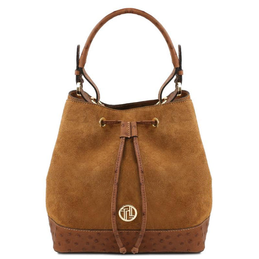 Ostrea Suede and ostrich-effect printed leather bucket bag