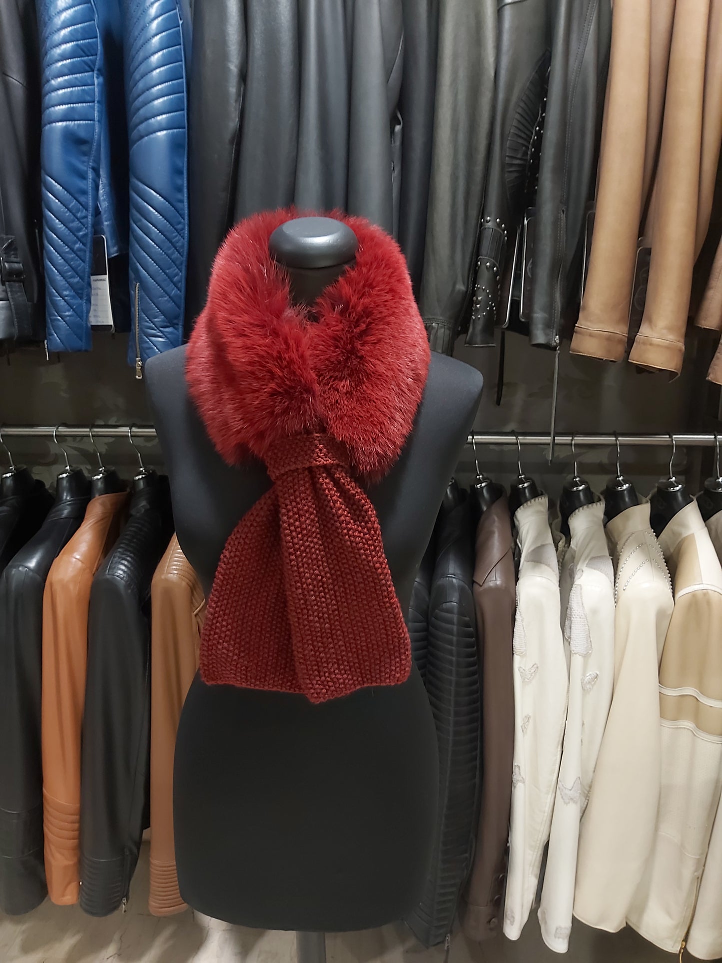 BURGUNDY FUR COLLAR with handknit tie, handmade real fox fur collar and knit.