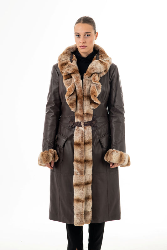 ILARY - Καφέ statement Δερμάτινο Παλτό με Γούνα