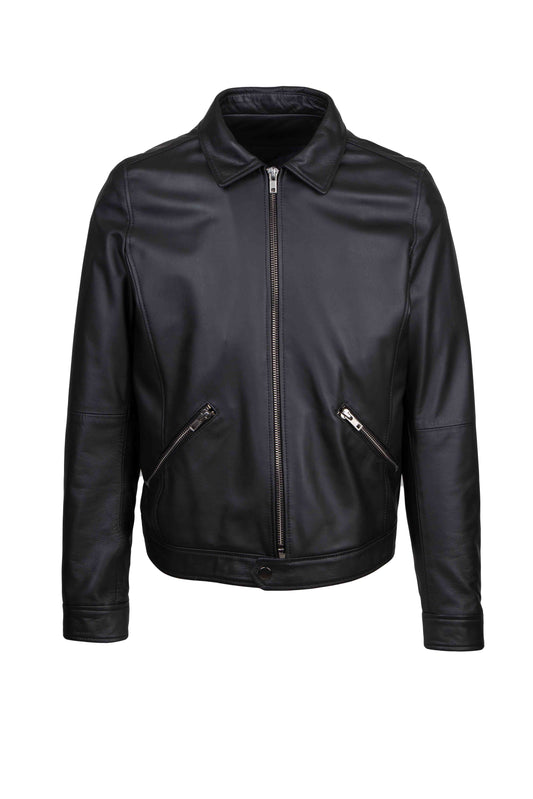 JUDE -Black Leather Jacket with Shirt Collar