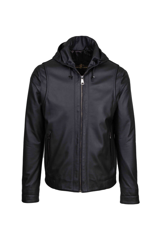 Luther-Black Nappa Lamb Leather Hooded Jacket