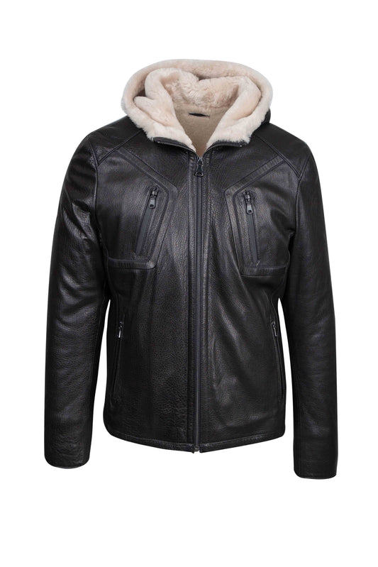 Mens's Black sheepskin hooded jacket size L -54