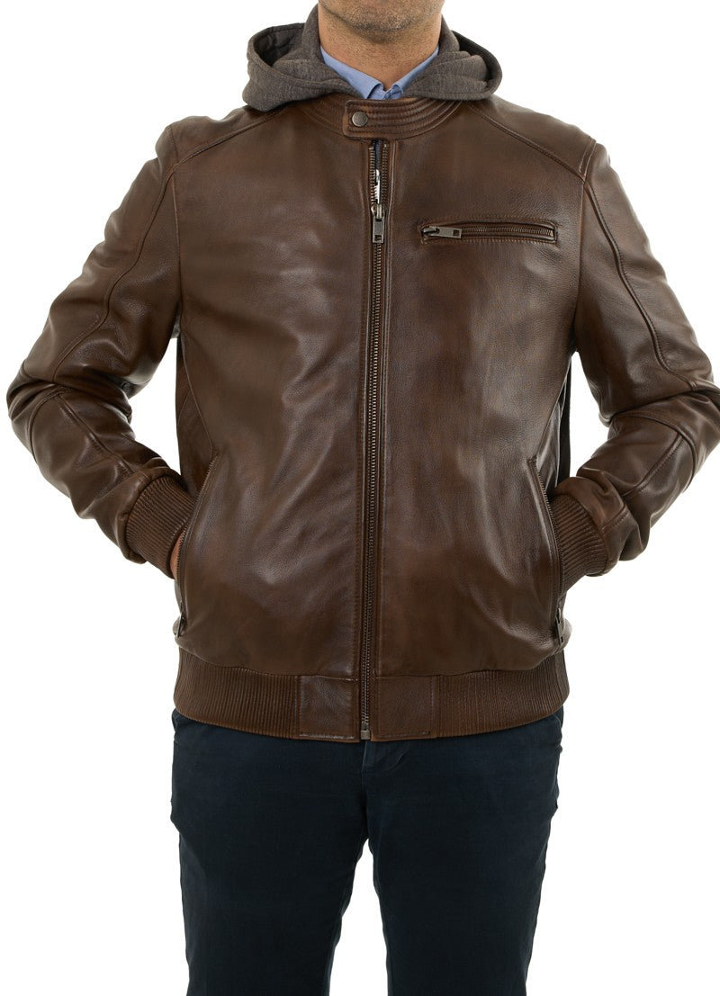 JEANLUKE - Men's Brown Bomber Jacket with removable hood