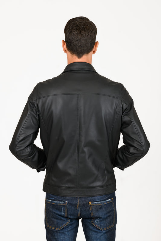 JUDE -Black Leather Jacket with Shirt Collar