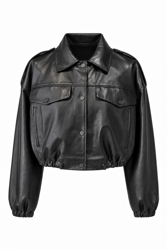 JULIE - Κοκκινο Cropped Bomber Δερμάτινο Μπουφάν