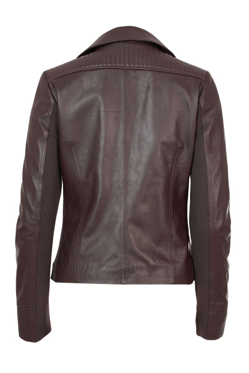 BACK OF BURGUNDY leather jacket on a white background