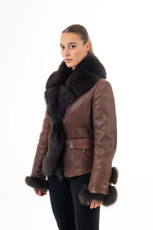 LUANA - Brown Leather Jacket with Fur Collar