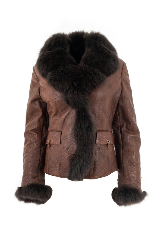 LUANA - Brown Leather Jacket with Fur Collar