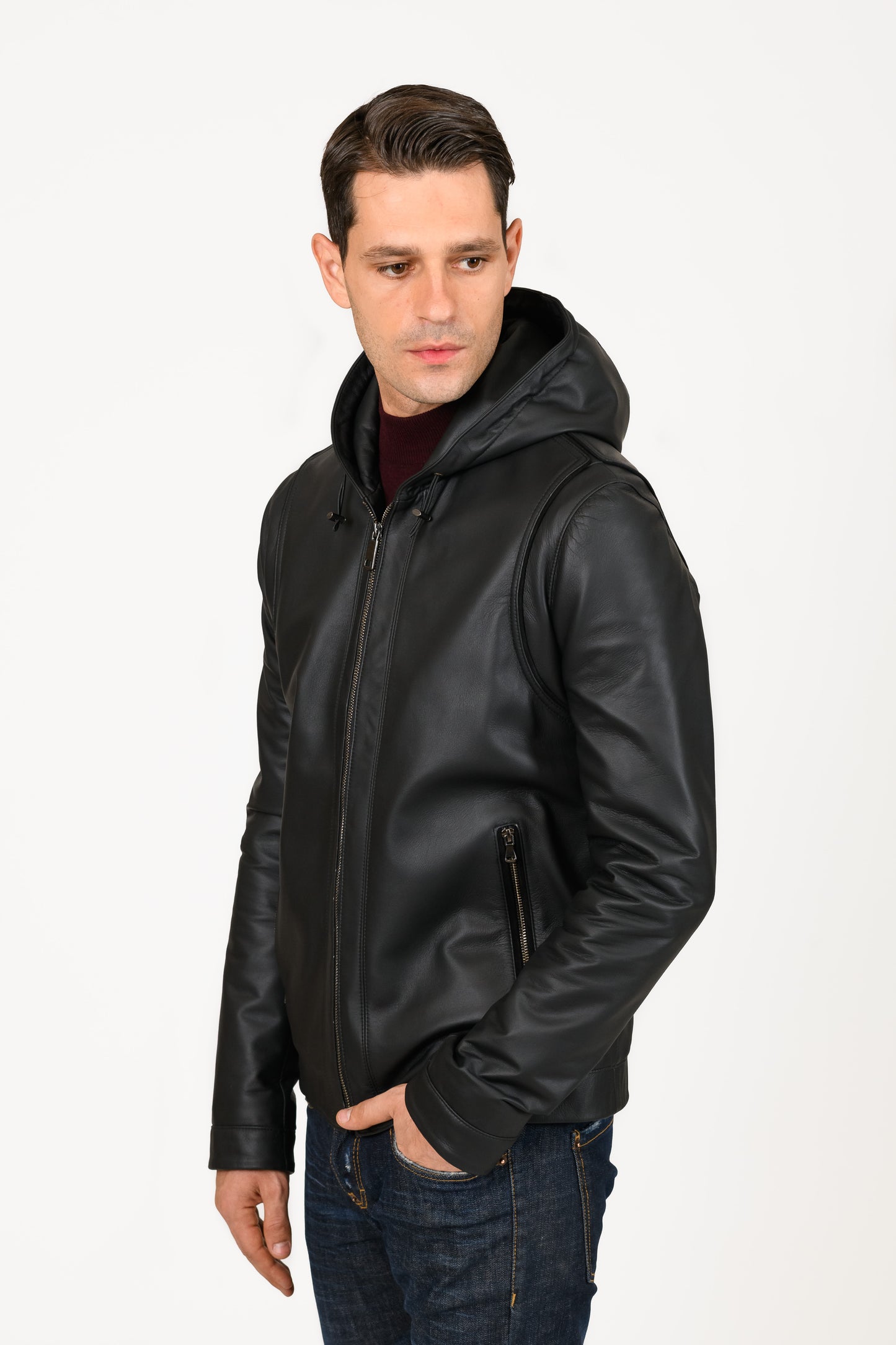 Luther-Black Nappa Lamb Leather Hooded Jacket
