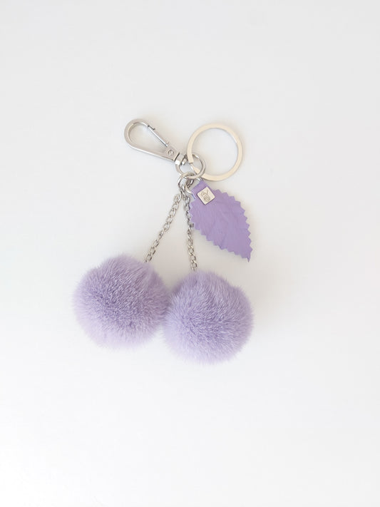 Λιλά Γούνινο Αξεσουάρ Τσάντας , Mink Πομπομ Μπρελόκ με Δερμάτινο Φύλλο