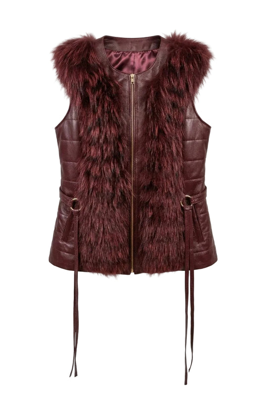 BURGUNDY leather vest with fur trim on a white background