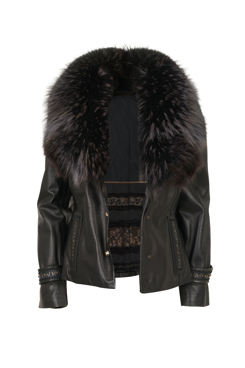 MARTINA - Μαύρο Δερμάτινο Σακάκι με Γούνινο Γιακά