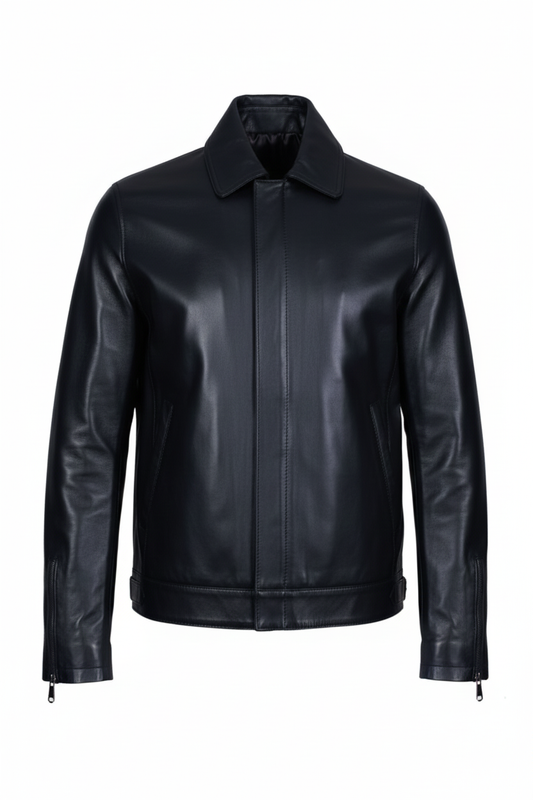 MEINARD2 - Men's Black Leather Jacket with Shirt Collar
