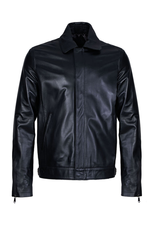 MEINARD2 - Men's Black Leather Jacket with Shirt Collar