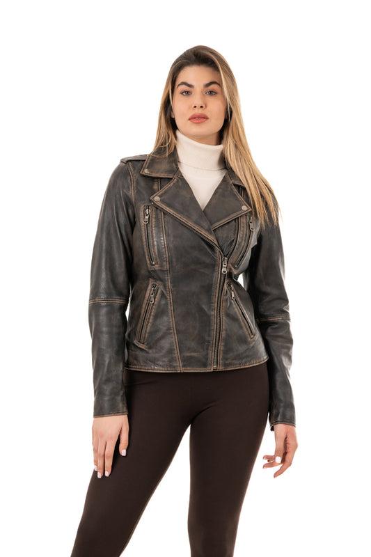 MARIA - Washed leather biker jacket.