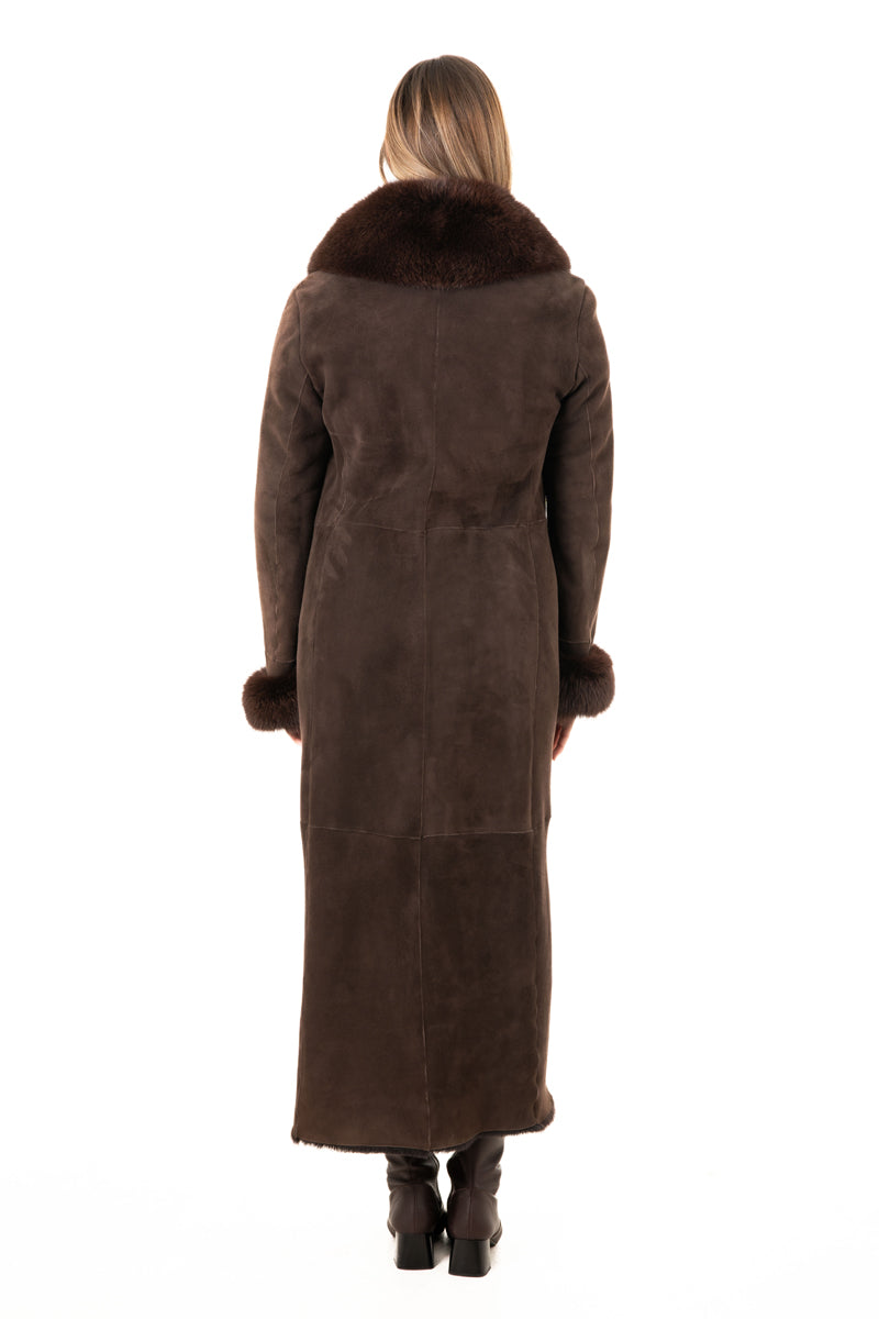 Women's Brown Sheepskin Coat with Fur Collar