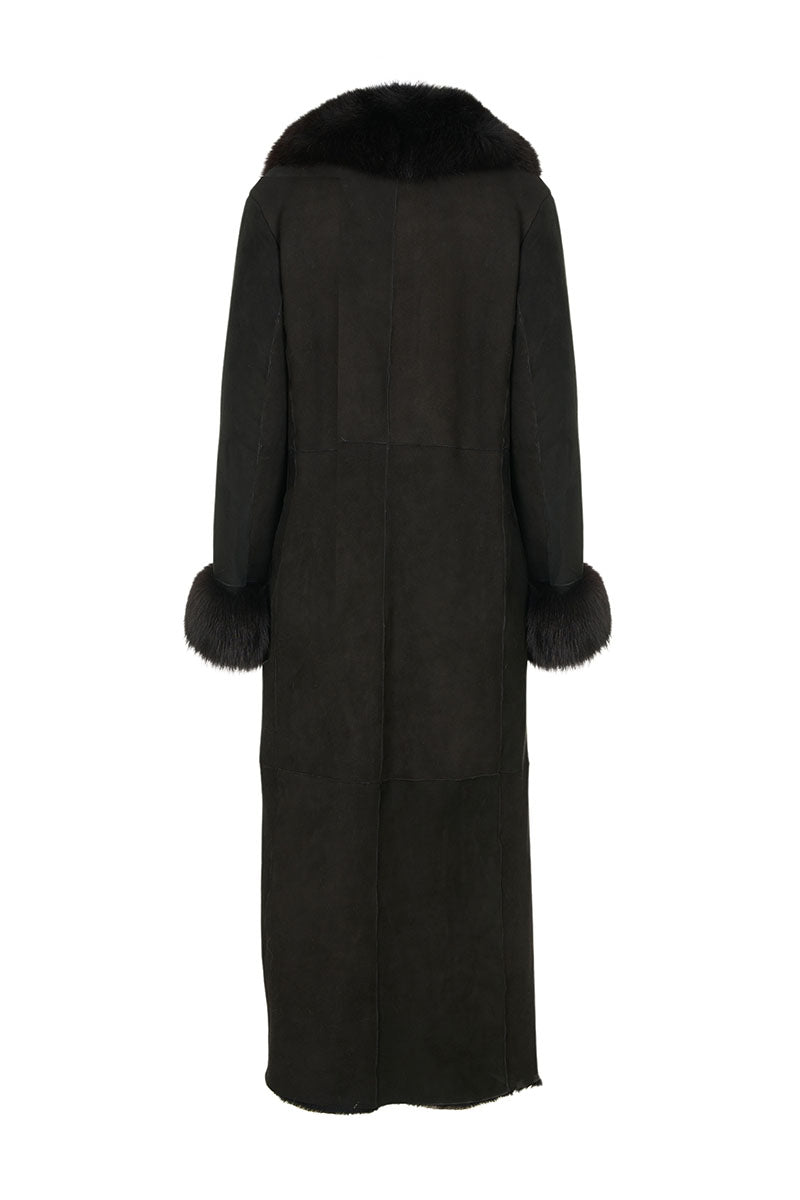 Women's Black Sheepskin Coat with Fur Collar