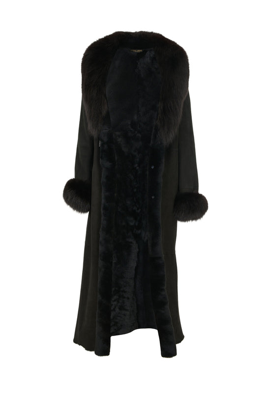 Women's Black Sheepskin Coat with Fur Collar