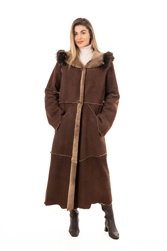 Women's Brown Sheepskin Hooded Coat with Fur Details
