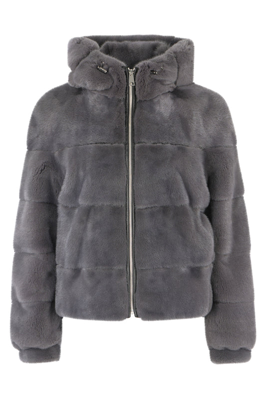 Γυναικείο Γκρι Μινκ Μπουφάν με Κουκούλα