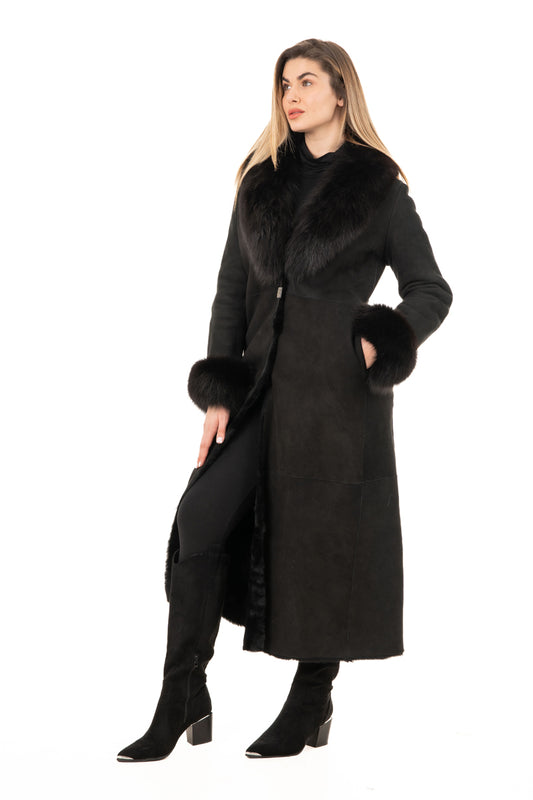 Women's Black Sheepskin Coat with Fur Collar