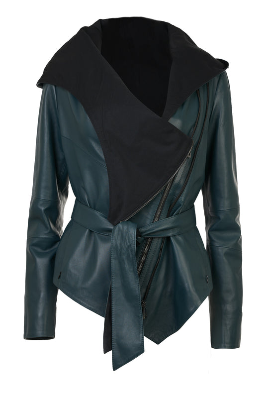 Handmade leather jacket with hood, flexible size, front view