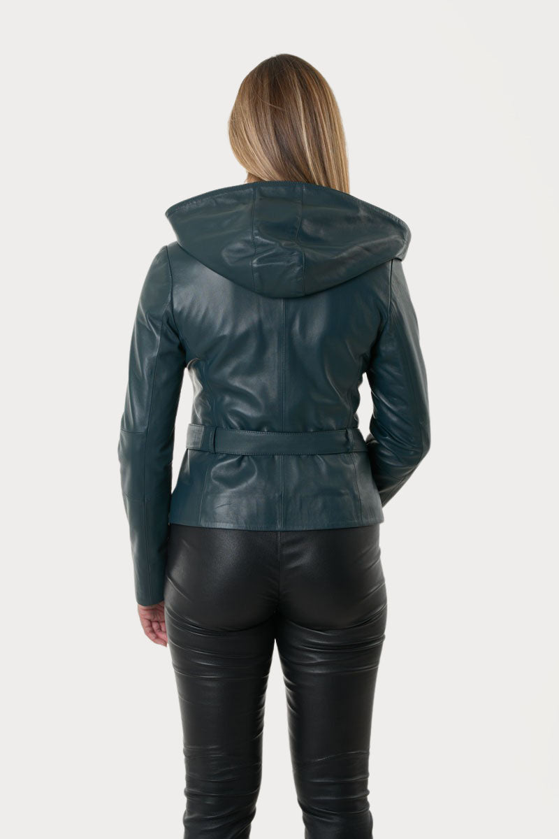 WOMAN wearing a dark green leather jacket with a hood on a white background