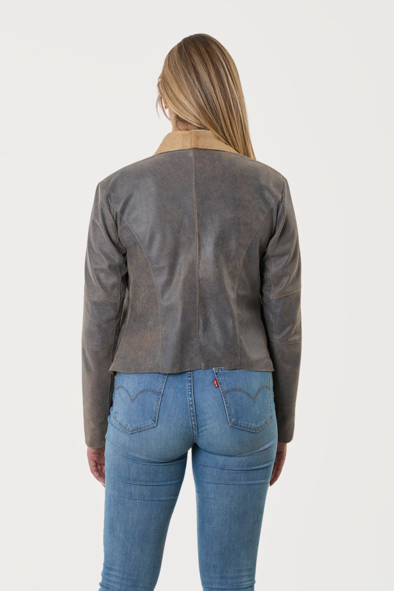 ROBIN- Handmade Assymetrical Leather Jacket in Denim Color