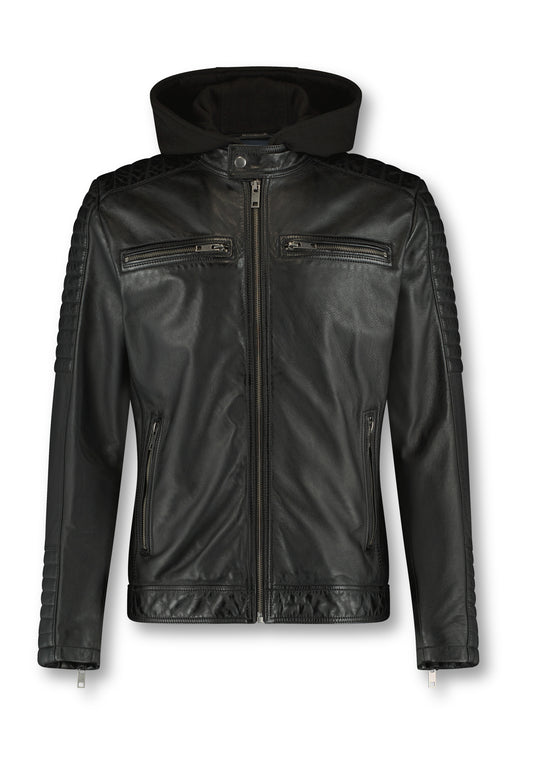 JASON-Black leather jacket with detachable hood.