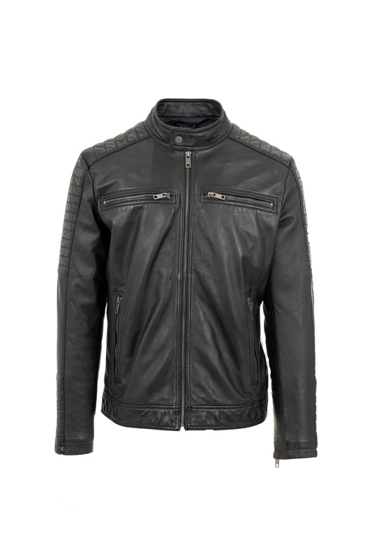 JASON-Black leather jacket with detachable hood.